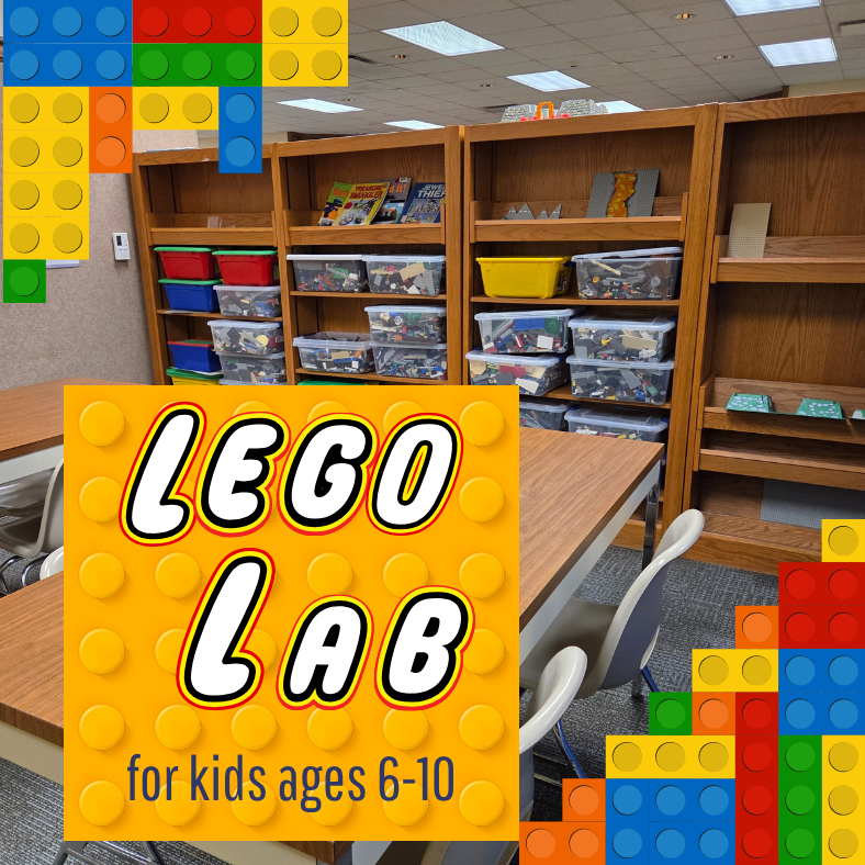 shelves of Legos and tables